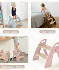 Sturdy Wooden Two Step Stool For Kids Featuring Quick Fold Design And Rock Solid Base Perfect For Potty Training Bathroom Sinks Kitchen Counters And Closet Reach In Real Cool Pink used by kids in various settings.