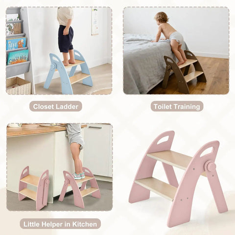 Sturdy Wooden Two Step Stool For Kids Featuring Quick Fold Design And Rock Solid Base Perfect For Potty Training Bathroom Sinks Kitchen Counters And Closet Reach In Real Cool Pink used by kids in various settings.
