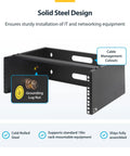 Heavy Duty 4U Wall Mount Network Rack Featuring No Sweat Assembly For Shallow Servers Switches And Patch Panels With Clean Cable Clearance and Rock Solid 44 Pound Hold In Matte Black, showing sturdy steel design.