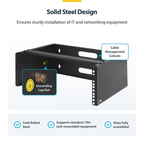 Heavy Duty 4U Wall Mount Network Rack Featuring No Sweat Assembly For Shallow Servers Switches And Patch Panels With Clean Cable Clearance and Rock Solid 44 Pound Hold In Matte Black, showing sturdy steel design.