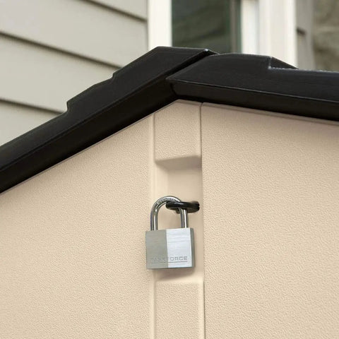 Corner view of Slide-Lid Resin Outdoor Storage Shed For Backyard Gear And Tools, Weather Resistant Beige Brown, 5 By 6.5 Ft with padlock