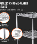 Must Have Heavy Duty 3 Tier Kitchen Utility Cart On Wheels With 661 Lbs Capacity, wire mesh shelves, 6 hooks, close-up view
