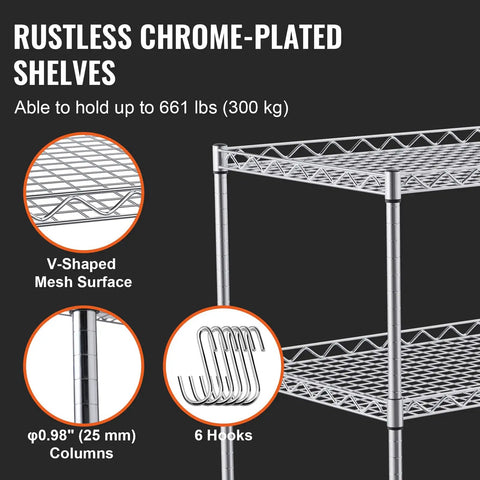 Must Have Heavy Duty 3 Tier Kitchen Utility Cart On Wheels With 661 Lbs Capacity, wire mesh shelves, 6 hooks, close-up view