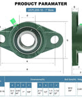 Front and side views of UCFL205-16 pillow block bearing with 1 in bore, two-bolt flange, cast-iron housing