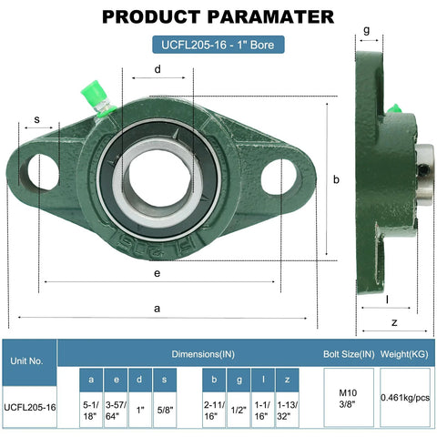 Front and side views of UCFL205-16 pillow block bearing with 1 in bore, two-bolt flange, cast-iron housing