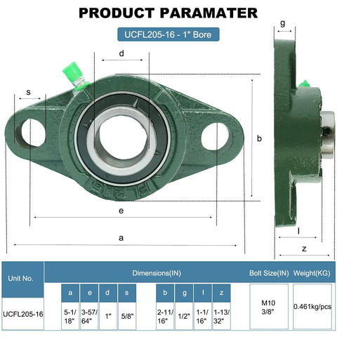 Eight Pack UCFL205 1 Inch Bore Self Aligning Flange Mounted Pillow Block Ball Bearings Featuring Rock Solid Cast Iron Housing Dual Layer Seals Made For Hard Knocks Factory Floors And Heavy Duty Gearbox Applications Where Your Work Runs Like A Beast., UCFL205-16 1 inch bore cast iron pillow block bearing dimensions chart