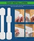 12 Pcs White ABS Cabinet Locks For Kidproofing Drawers And Appliances With Easy Install And Reliable Security Plus Adjustable Furniture Straps For Home Safety shown with installation steps