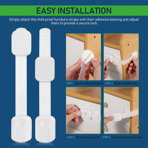 12 Pcs White ABS Cabinet Locks For Kidproofing Drawers And Appliances With Easy Install And Reliable Security Plus Adjustable Furniture Straps For Home Safety shown with installation steps