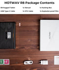 HOTWAV R8 Rugged Tablet package contents including USB cable, manual, packing box, and explosion-proof film.