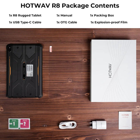 HOTWAV R8 Rugged Tablet package contents including USB cable, manual, packing box, and explosion-proof film.
