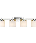 4-Light Chrome Bath Vanity Wall Fixture With Alabaster Glass Shades And Etched Details 33-Inch Wide White Finish