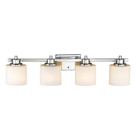 4-Light Chrome Bath Vanity Wall Fixture With Alabaster Glass Shades And Etched Details 33-Inch Wide White Finish