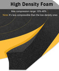 Close-up of black high-density foam weather stripping tape with yellow backing for door and window sealing (1/2 in x 1/4 in).