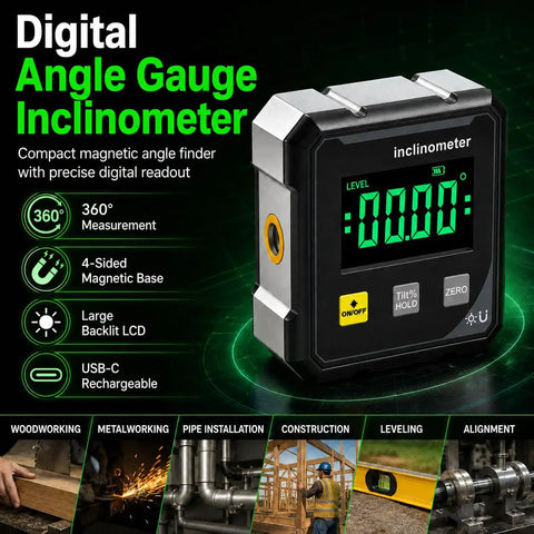 Straight Up Digital Angle Finder Protractor With Hella Strong Magnetic Base And Dead On 4X90 Degree Readings Featuring A Badass LED Screen for precise angle measurement.