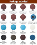 Package of sanding and quick change discs including aluminum oxide, zirconium, and wool for versatile surface finishing.