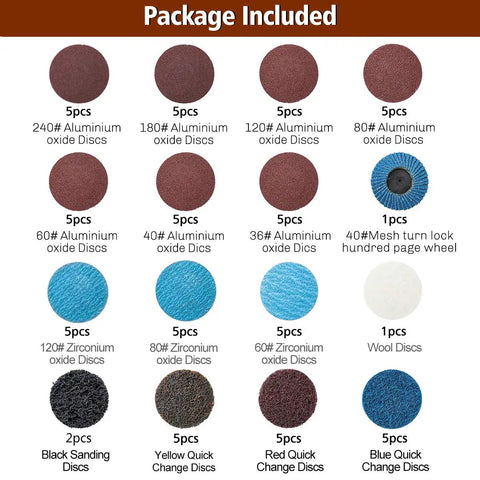 Package of sanding and quick change discs including aluminum oxide, zirconium, and wool for versatile surface finishing.