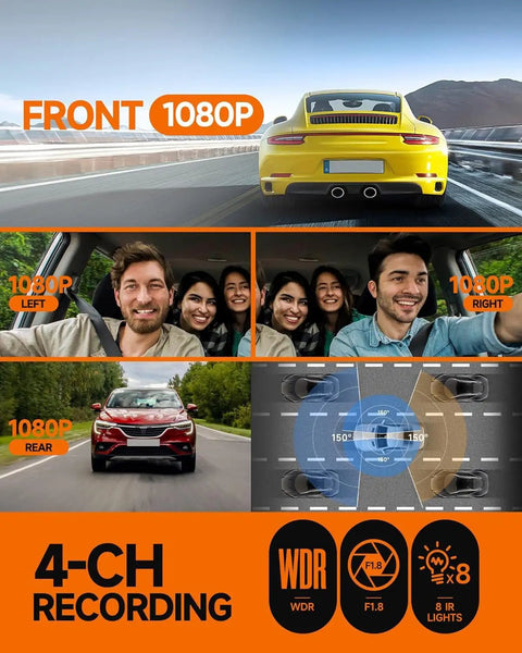 360 Degree Dash Cam Front And Rear Inside Car Camera With 4 Channel FHD 1080P, showcasing front and rear views with 1080p recording