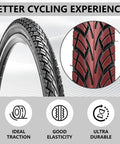 Close-up of Two Pack 700x35C Foldable Road Bike Tires With Inner Tubes And Repair Kit showing tread pattern and durability icons.