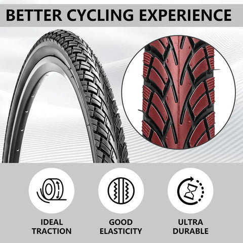 Close-up of Two Pack 700x35C Foldable Road Bike Tires With Inner Tubes And Repair Kit showing tread pattern and durability icons.