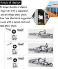 Visual guide to using Straight Up Built Tough 304 Stainless Steel D Shape Screw Pin Shackle 3 8 Inch Two Piece Kit with hooks and chains.
