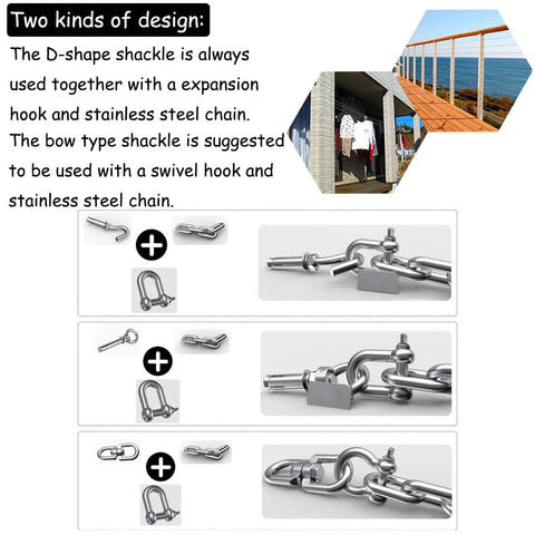 Visual guide to using Straight Up Built Tough 304 Stainless Steel D Shape Screw Pin Shackle 3 8 Inch Two Piece Kit with hooks and chains.