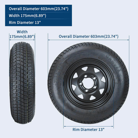 Two Pack Trailer Tire On Rim ST175 80D13 With 13 Inch Rims And Five Lug Pattern Four Point Five Inch PCD Load Range C 6PR