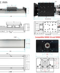 Technical diagram of Beefy Heavy Duty Linear Stage With 550 Lb Load Capacity, 2005 Ball Screw, compatible with NEMA 23/34 steppers