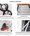 Product features of Smooth As Butter Electric Attic Pull Down Ladder Featuring Ace Smart Remote Telescopic Loft Stairs showing S-bend, widening pedal, anti-slip feet, and galvanized spring.