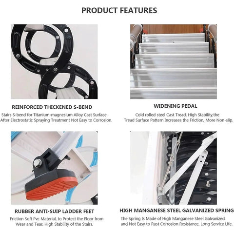 Product features of Smooth As Butter Electric Attic Pull Down Ladder Featuring Ace Smart Remote Telescopic Loft Stairs showing S-bend, widening pedal, anti-slip feet, and galvanized spring.