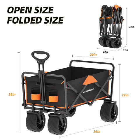 Heavy Duty 350 Lbs Collapsible Wagon For Camping And Travel Outdoor Folding Utility Cart dimensions and folding view