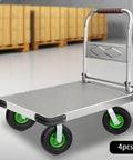 Heavy Duty Pneumatic Caster Wheels Set Of Four With Two Rigid And Two Swivel Brackets on a portable cart with green tires.