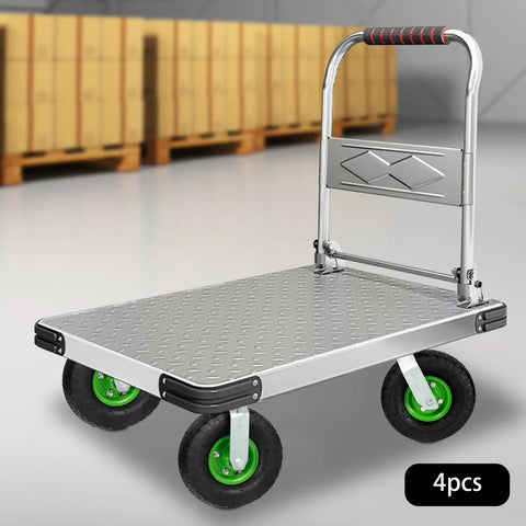 Heavy Duty Pneumatic Caster Wheels Set Of Four With Two Rigid And Two Swivel Brackets on a portable cart with green tires.