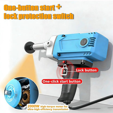 Close-up of a blue electric motor with one-click start and lock button for Beefed Up Electric Screw Conveyor Suction Auger For Grain Cement Sand And Powder, 2200W Motor, Rapid Material Transfer, Large Capacity Portable Feeder, Industrial Grade Conveying System For Agriculture.