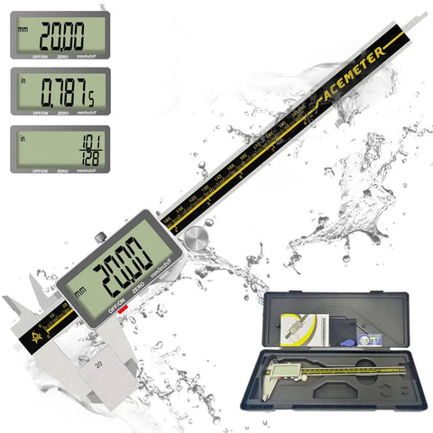 0 To 8 Inch Digital Caliper With Large LCD Screen Electronic Micrometer Inch Fraction Millimeter Readout Auto Off Heavy Duty Metal Caliper For Pros Engineers And Carpenters Precision Measuring Tool with case and splash background