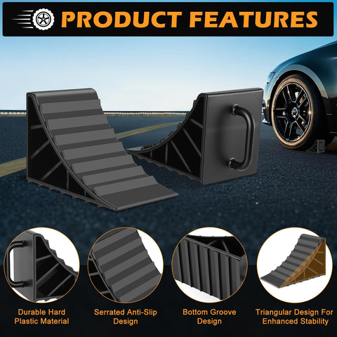 4 Pack Tough Wheel Chocks For RV Trailer And Truck Non Slip Hard Plastic Tire Blocks With Handles on road