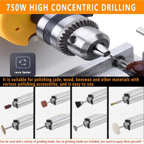 Detail of 750W High Concentric Drilling tool showcasing chuck and polishing accessories for jade, wood, and beeswax.