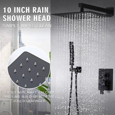 10-Inch Ceiling Mount Rainfall Shower System with All-Metal Handheld Sprayer in Matte Black with water flow and easy-clean nozzles