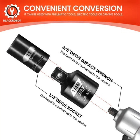 Two Piece Three Eighths Female To One Quarter Male Impact Socket Adapter Set In Chrome Moly Steel with Laser Markings