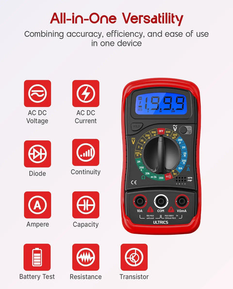 Digital Multimeter With Test Leads And Backlit LCD Display For Measuring AC DC Voltage DC Current Ohms Resistance Continuity And Diodes shown with features and functions on display