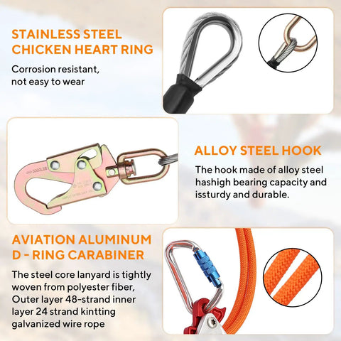Stainless steel heart ring and alloy steel hook from Top Rated 10ft Steel Wire Core Flipline And 3300 Lbs Arborist Positioning Lanyard Kit.