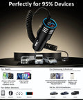 Hella Fast 48W USB C Car Charger With Slick Coiled Cable For Samsung And Apple Devices PD 3.0 QC 3.0 showing compatibility with various devices.