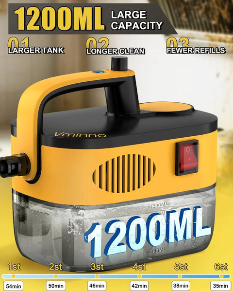 Get That Shine Heavy Duty Handheld Steam Cleaner 1500W With 1.2L Tank shows 1200ml water tank for long cleaning sessions.