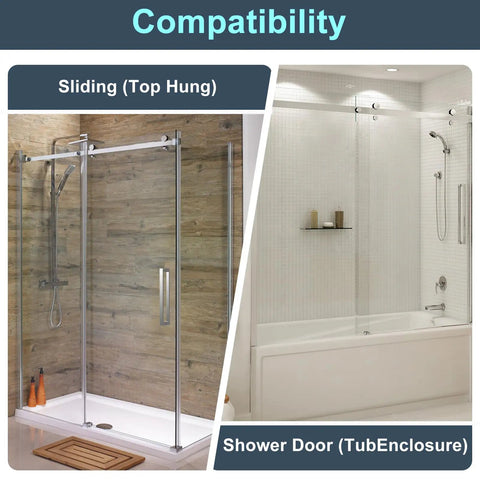 Sliding Shower Door Bottom Guide For Top Hung Glass Doors 3/8 Inch Channel on two bathroom styles, showcasing compatibility.