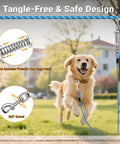 Glow In The Dark Reflective Dog Run Cable 75 Foot Rugged Heavy Duty Zipline For Yard And Camping With Ten Foot Tie Out And Shock Spring Up To Two Hundred Pounds in use, shown in a park setting with a happy dog running, highlighting the tangle-free design and shock absorber features.