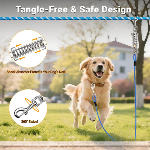 Glow In The Dark Reflective Dog Run Cable 75 Foot Rugged Heavy Duty Zipline For Yard And Camping With Ten Foot Tie Out And Shock Spring Up To Two Hundred Pounds in use, shown in a park setting with a happy dog running, highlighting the tangle-free design and shock absorber features.