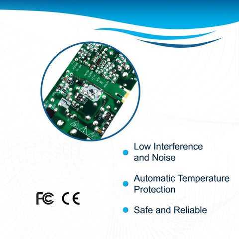 Close-up of circuit board with text, featuring low interference, automatic temperature protection, and certifications.