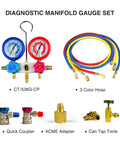No Fuss Heavy Lifter Hvac Manifold Gauge Kit For R134a R410a R22 Refrigerant showing dual gauges and color-coded hoses.