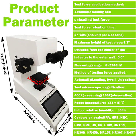 Heavy Duty Automatic Turret Digital Vickers Hardness Tester With Precision Touchscreen Display For Metal Steel Analysis, side view with dimensions.