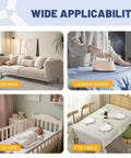 Image showing wide applicability of Adjustable Bed Sheet Straps with Elastic Fasteners and Metal Clips for sofas, ironing boards, cribs, and tables.
