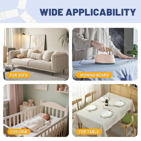 Image showing wide applicability of Adjustable Bed Sheet Straps with Elastic Fasteners and Metal Clips for sofas, ironing boards, cribs, and tables.